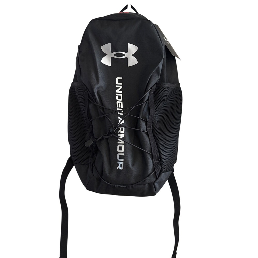 Under Armour UA Hustle Sport 6.0 Backpack Black Silver School Gym Bag 26L NEW